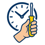 Icône d’une main tenant un tournevis devant une horloge, symbolisant un dépannage électrique rapide