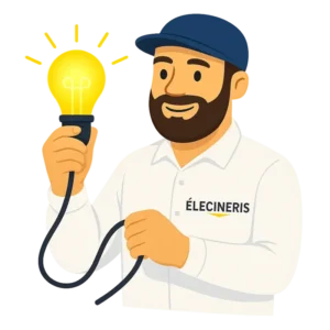 Illustration d’un électricien barbu ÉLECINERIS tenant une ampoule allumée, symbole de dépannage électrique