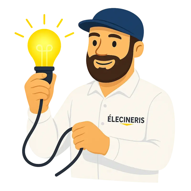 Illustration d’un électricien barbu ÉLECINERIS tenant une ampoule allumée, symbole de dépannage électrique