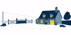 Maison connectée en 2025 : le guide complet pour votre logement à Feuquières minimalist illustration of a rural house in the French countryside, with subtle yellow lines of light representing smart home connectivity flowing from a central hub to various points like outdoor lights, an electric gate, and a robot lawnmower. The scene is calm and clean, set against a white background. Use a strict color palette of navy blue (#000080), dark blue (#000024), bright yellow (#fff033), and white (#ffffff). Flux.1: minimalist illustration, clean shapes, smooth color transitions, consistent color palette (navy, dark blue, yellow, white), centered composition, white background, no humans, no text, no photo realism, sharp details, editorial consistency.