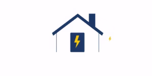 Panne électrique : les 7 causes fréquentes et comment réagir à Formerie minimalist illustration of a simple house silhouette in navy blue (#000080) on a clean white background. In front of the house, a simplified, centered electrical panel icon in dark blue (#000024). A single circuit breaker on the panel is highlighted in bright yellow (#fff033). A subtle, stylized yellow lightning bolt icon is visible in the sky area. Flux.1: minimalist illustration, clean shapes, smooth color transitions, consistent color palette (navy, dark blue, yellow, white), centered composition, white background, no humans, no text, no photo realism, sharp details, editorial consistency.