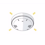 Minimalist illustration of a white smoke detector mounted on a ceiling, with subtle yellow sound wave lines emanating from it. Centered composition, clean shapes, white background. Color palette: navy blue #000080, dark blue #000024, yellow #fff033, white #ffffff. No humans, no text, editorial style for an electrician's blog in a rural setting. Flux.1: minimalist illustration, clean shapes, smooth color transitions, consistent color palette (navy, dark blue, yellow, white), centered composition, white background, no humans, no text, no photo realism, sharp details, editorial consistency.