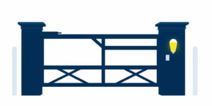 minimalist illustration of an elegant navy blue electric swing gate at the entrance of a rural property, with a clean white fence. A discreet yellow safety light is visible on one of the pillars. The background is pure white. The style is clean with sharp lines and smooth color transitions, using a palette of navy blue (#000080), dark blue (#000024), yellow (#fff033), and white (#ffffff). Centered composition, no humans, no text, no photo realism. Flux.1 optimization.