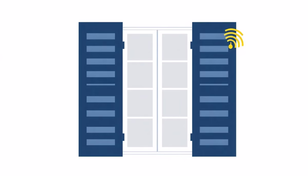 minimalist illustration, clean shapes, smooth color transitions, consistent color palette (navy #000080, dark blue #000024, yellow #fff033, white #ffffff), centered composition, white background, no humans, no text, french electrical techs. A schematic view of a traditional french country house window with classic hinged shutters, one slightly ajar, with subtle yellow lines indicating the motorization mechanism and a wireless connection icon.