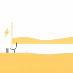 Minimalist illustration, clean shapes, smooth color transitions, consistent color palette (navy #000080, dark blue #000024, yellow #fff033, white #ffffff). Centered composition on a white background. Focus on a stylized electrical panel with a visible surge protector (parafoudre) component. A prominent lightning bolt symbol is nearby, indicating overvoltage protection. In the background, a subtle, simple outline of a rural landscape. No humans, no text overlay.