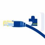 minimalist illustration, clean shapes, smooth color transitions, consistent color palette (navy #000080, dark blue #000024, yellow #fff033, white #ffffff), centered composition, white background, ##no humans##, ##no text##, french electrical techs. A stylized Ethernet cable with an RJ45 connector, alongside a wall-mounted network socket, suggesting a stable home network connection.