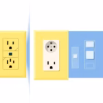 minimalist illustration, clean shapes, smooth color transitions, consistent color palette (navy, dark blue, yellow, white), centered composition, white background, ##no humans##, ##no text##, french electrical sockets. Three different styles of wall sockets and light switches arranged neatly side-by-side, symbolizing choice and comparison. In the background, a subtle, stylized outline of a rural house.