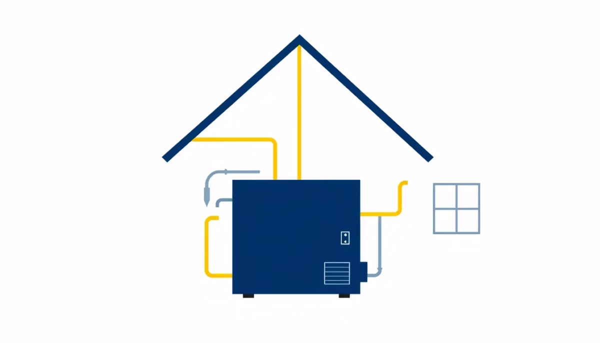 minimalist illustration, clean shapes, smooth color transitions, consistent color palette (navy, dark blue, yellow, white), centered composition, white background, ##no humans##, ##no text##, french electrical techs. Stylized cross-section of a modern rural house showing clean air flow lines from a VMC unit. The VMC is a simple navy blue box with yellow accents representing the air ducts moving through the house structure.
