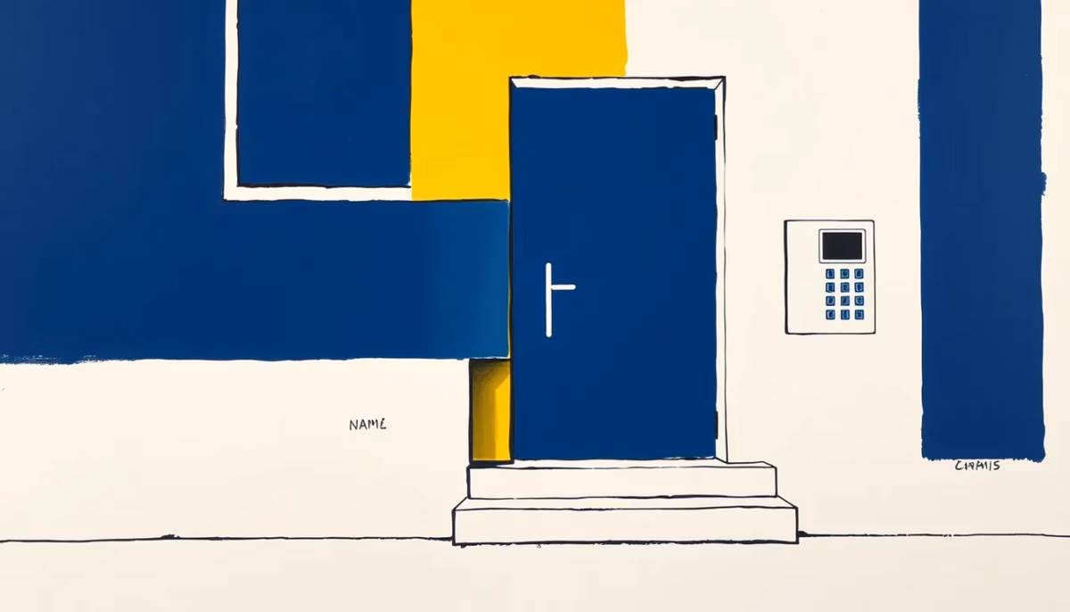 Suprematist abstract painting by Kazimir Malevich featuring a modern house entrance with a stylized alarm keypad. Minimalist composition of bold navy blue and vibrant yellow geometric shapes on a stark white background. Flat textures, sharp edges, avant-garde electrical concept. ##no humans##, ##no text##.