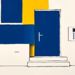 Suprematist abstract painting by Kazimir Malevich featuring a modern house entrance with a stylized alarm keypad. Minimalist composition of bold navy blue and vibrant yellow geometric shapes on a stark white background. Flat textures, sharp edges, avant-garde electrical concept. ##no humans##, ##no text##.