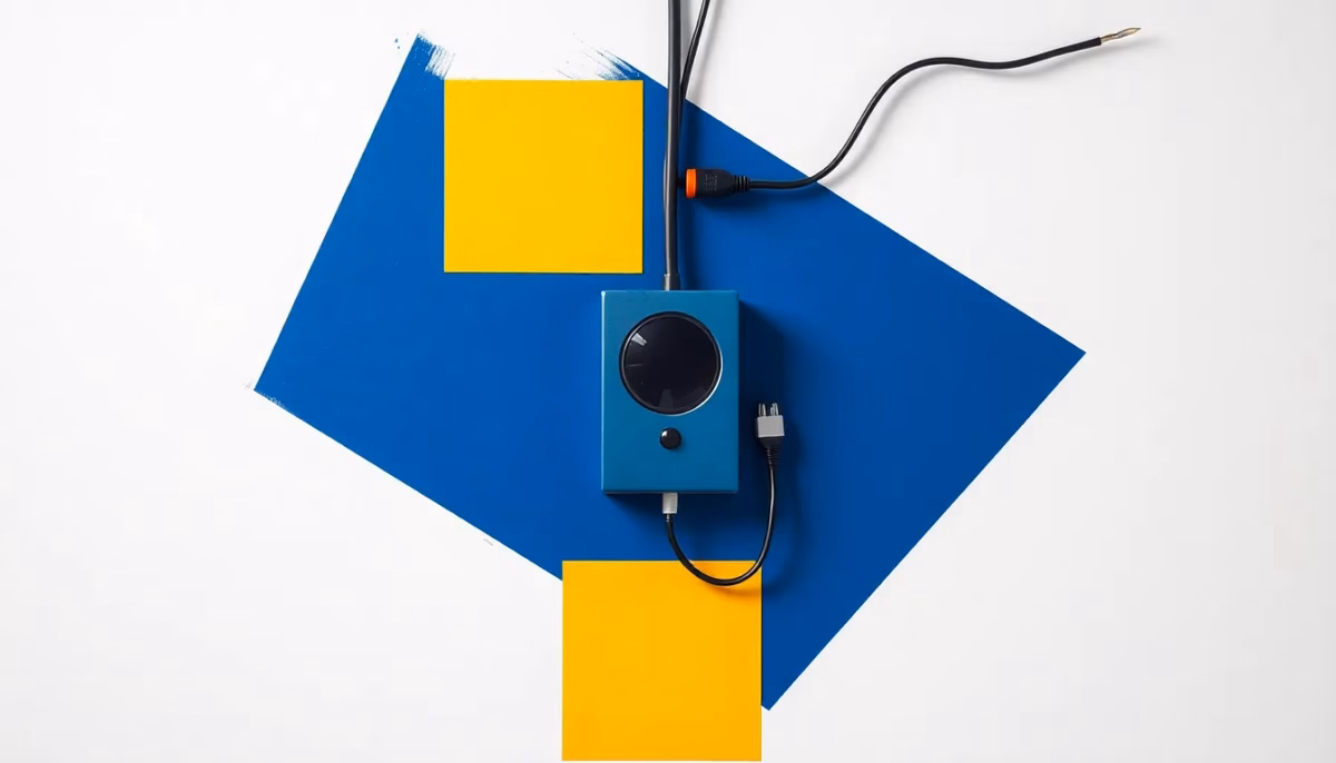 Suprematist abstract painting by Kazimir Malevich featuring a wired home alarm system. Minimalist composition of bold navy blue and vibrant yellow geometric shapes on a stark white background. Flat textures, sharp edges, avant-garde electrical concept. ##no humans##, ##no text##.