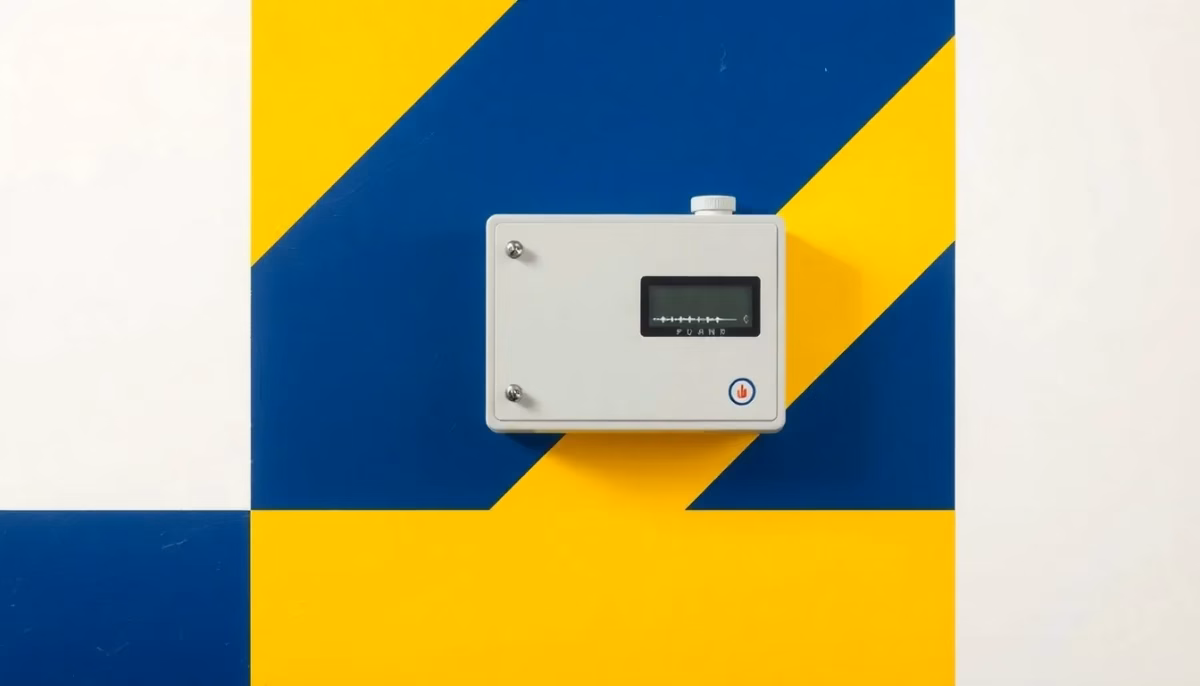 Suprematist abstract painting in the style of Kazimir Malevich featuring a septic tank alarm box with a floating level sensor and radiating sound waves. Minimalist composition of bold navy blue and vibrant yellow geometric shapes on a stark white background. Flat textures, sharp edges, avant-garde electrical concept. No humans, no text overlay.