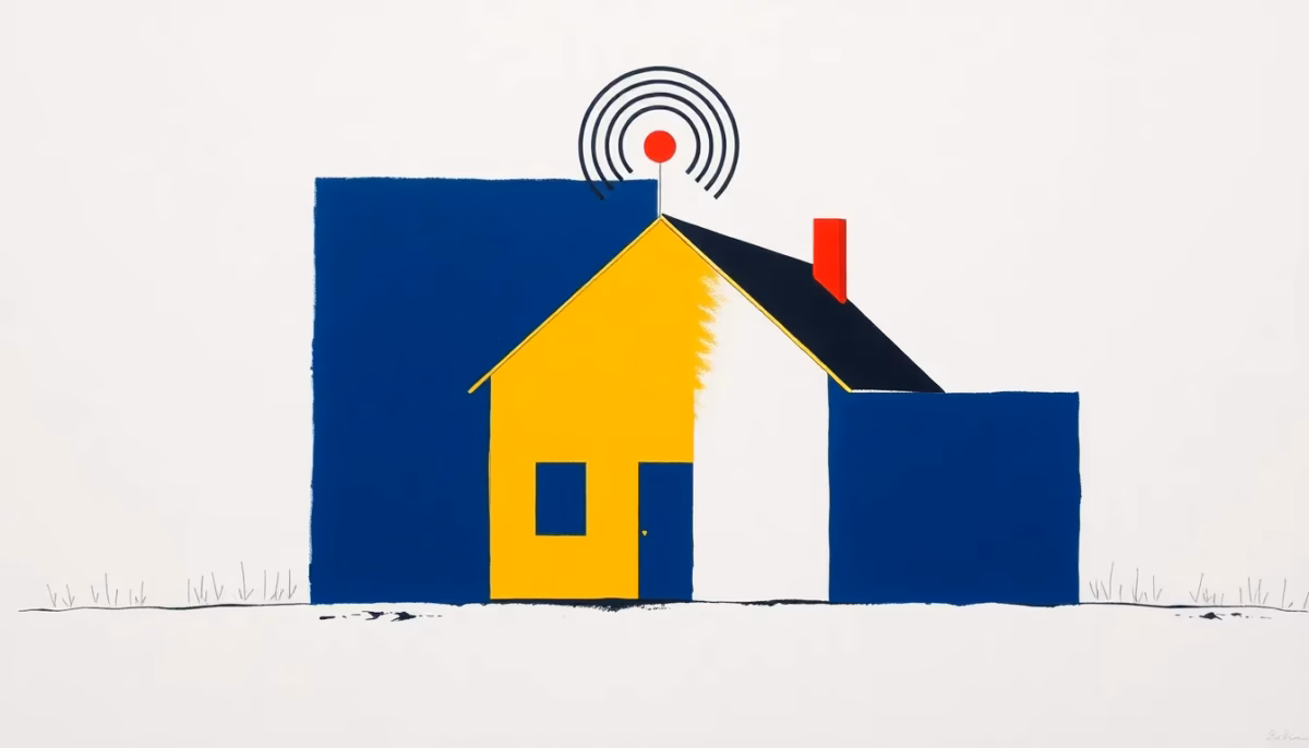 Suprematist abstract painting inspired by Kazimir Malevich depicting a rural countryside house protected by an alarm system: an outdoor solar siren mounted on the facade and radio waves radiating from the house. Minimalist composition of bold navy blue and vibrant yellow geometric shapes on a stark white background. Flat textures, sharp edges, avant-garde security concept, no humans, no text.