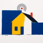 Suprematist abstract painting inspired by Kazimir Malevich depicting a rural countryside house protected by an alarm system: an outdoor solar siren mounted on the facade and radio waves radiating from the house. Minimalist composition of bold navy blue and vibrant yellow geometric shapes on a stark white background. Flat textures, sharp edges, avant-garde security concept, no humans, no text.