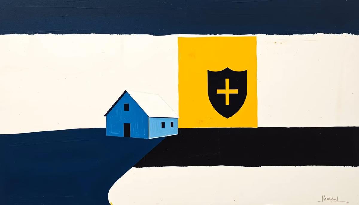 Suprematist abstract painting by Kazimir Malevich featuring a farmhouse and a shield icon. Minimalist composition of bold navy blue and vibrant yellow geometric shapes on a stark white background. Flat textures, sharp edges, avant-garde electrical concept. No humans, no text.