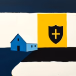 Suprematist abstract painting by Kazimir Malevich featuring a farmhouse and a shield icon. Minimalist composition of bold navy blue and vibrant yellow geometric shapes on a stark white background. Flat textures, sharp edges, avant-garde electrical concept. No humans, no text.