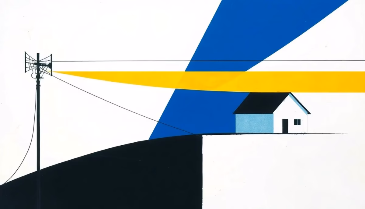 Suprematist abstract painting inspired by Kazimir Malevich featuring a rural TV antenna and glowing fiber optic lines connecting a village house. Minimalist composition of bold navy blue and vibrant yellow geometric shapes on a stark white background. Flat textures, sharp edges, avant-garde electrical concept. No humans, no text overlay.