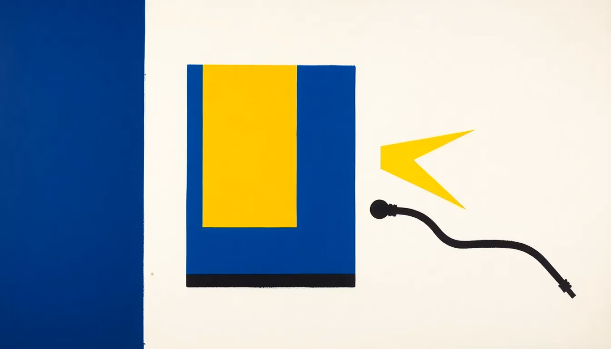Suprematist abstract painting by Kazimir Malevich featuring a geometric interpretation of an electrical meter and power surge. Minimalist composition of bold navy blue and vibrant yellow geometric shapes on a stark white background. Flat textures, sharp edges, avant-garde electrical concept. ##no humans##, ##no text##.
