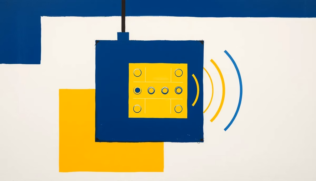 Suprematist abstract painting by Kazimir Malevich featuring an electrical junction box with sound waves emanating. Minimalist composition of bold navy blue and vibrant yellow geometric shapes on a stark white background. Flat textures, sharp edges, avant-garde electrical concept. No humans, no text.