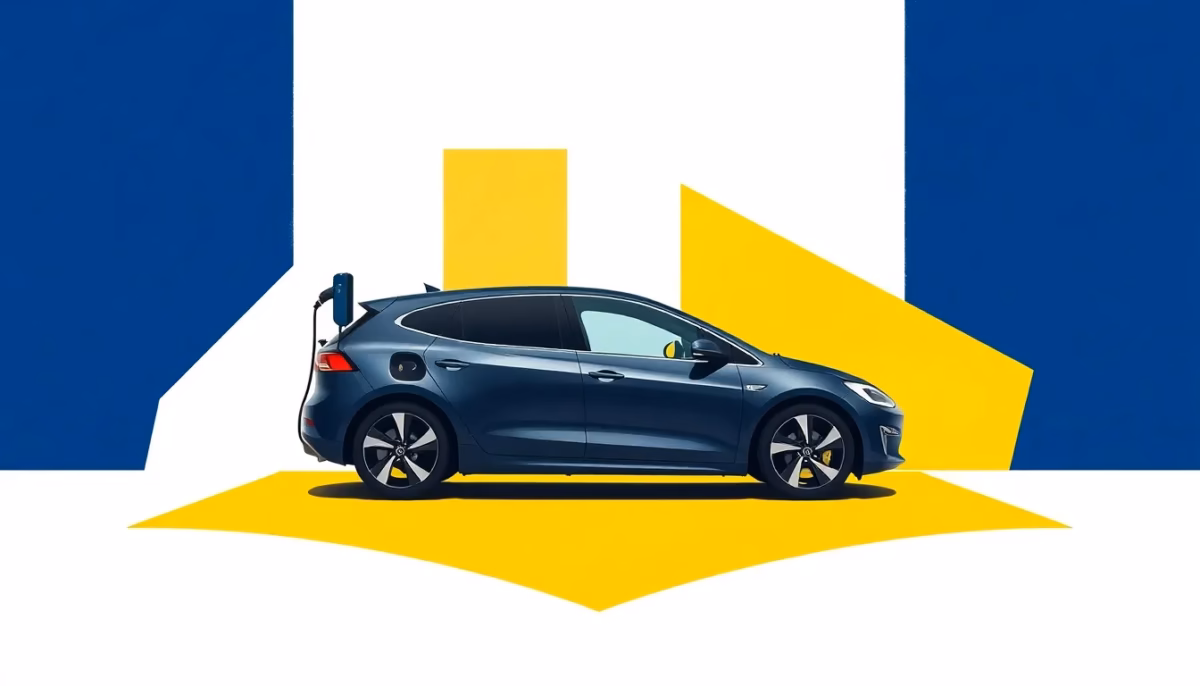 Suprematist abstract painting by Kazimir Malevich featuring a modern electric vehicle charging station. Minimalist composition of bold navy blue and vibrant yellow geometric shapes on a stark white background. Flat textures, sharp edges, avant-garde electrical concept. No humans, no text.