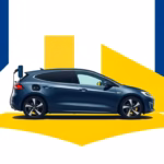 Suprematist abstract painting by Kazimir Malevich featuring a modern electric vehicle charging station. Minimalist composition of bold navy blue and vibrant yellow geometric shapes on a stark white background. Flat textures, sharp edges, avant-garde electrical concept. No humans, no text.