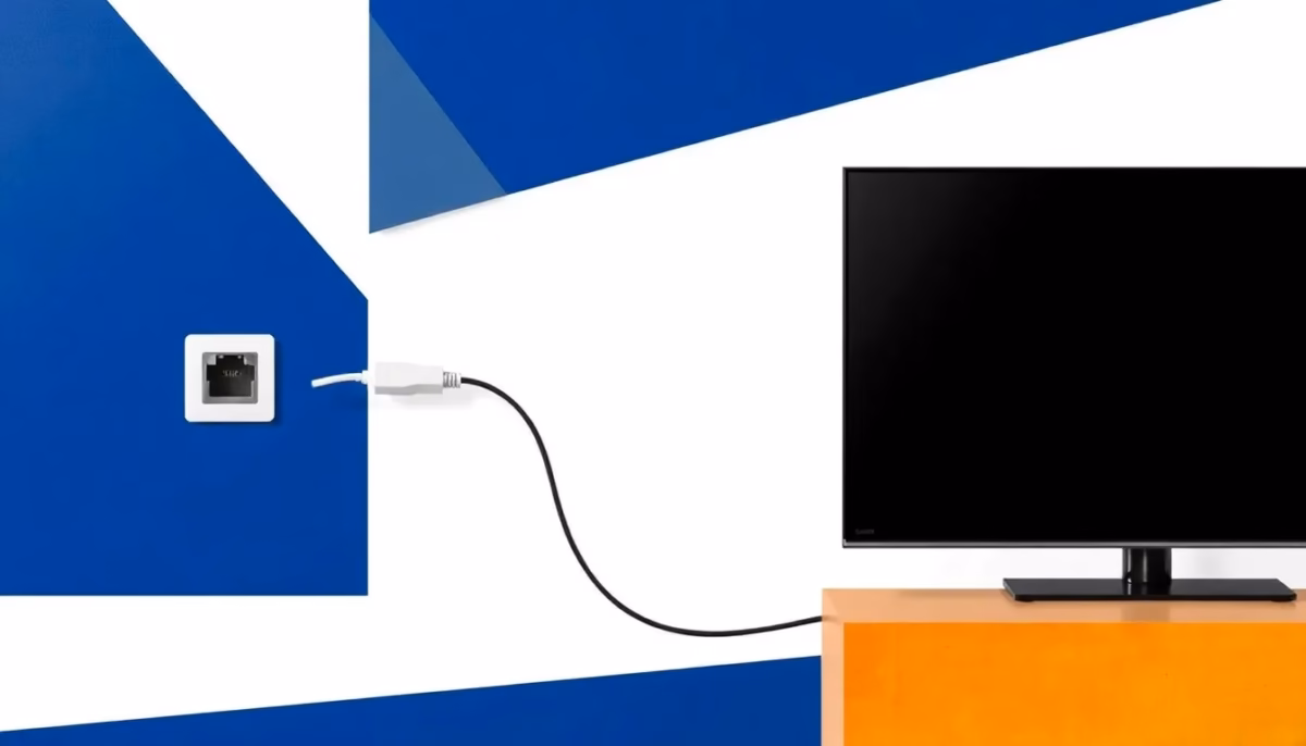 Suprematist abstract painting by Kazimir Malevich featuring a wall-mounted RJ45 Ethernet jack with a plugged network cable connecting to a modern flat-screen TV. Minimalist composition of bold navy blue and vibrant yellow geometric shapes on a stark white background. Flat textures, sharp edges, avant-garde electrical concept. No humans, no text.