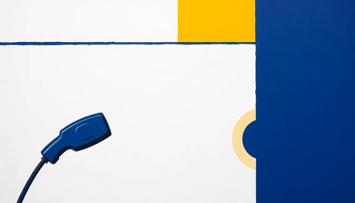 Suprematist abstract painting by Kazimir Malevich featuring an electric vehicle charging cable and connector. Minimalist composition of bold navy blue and vibrant yellow geometric shapes on a stark white background. Flat textures, sharp edges, avant-garde electrical concept, no humans, no text.