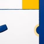 Suprematist abstract painting by Kazimir Malevich featuring an electric vehicle charging cable and connector. Minimalist composition of bold navy blue and vibrant yellow geometric shapes on a stark white background. Flat textures, sharp edges, avant-garde electrical concept, no humans, no text.
