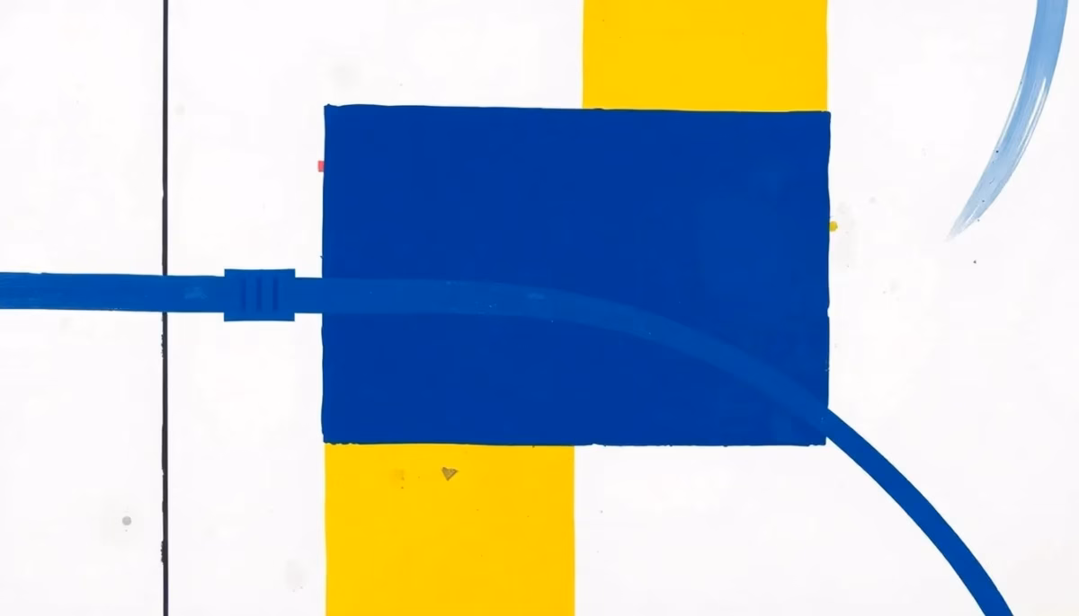 Suprematist abstract painting by Kazimir Malevich featuring a network cable and streaming media icons. Minimalist composition of bold navy blue and vibrant yellow geometric shapes on a stark white background. Flat textures, sharp edges, avant-garde electrical concept. ##no humans##, ##no text##.