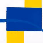 Suprematist abstract painting by Kazimir Malevich featuring a network cable and streaming media icons. Minimalist composition of bold navy blue and vibrant yellow geometric shapes on a stark white background. Flat textures, sharp edges, avant-garde electrical concept. ##no humans##, ##no text##.