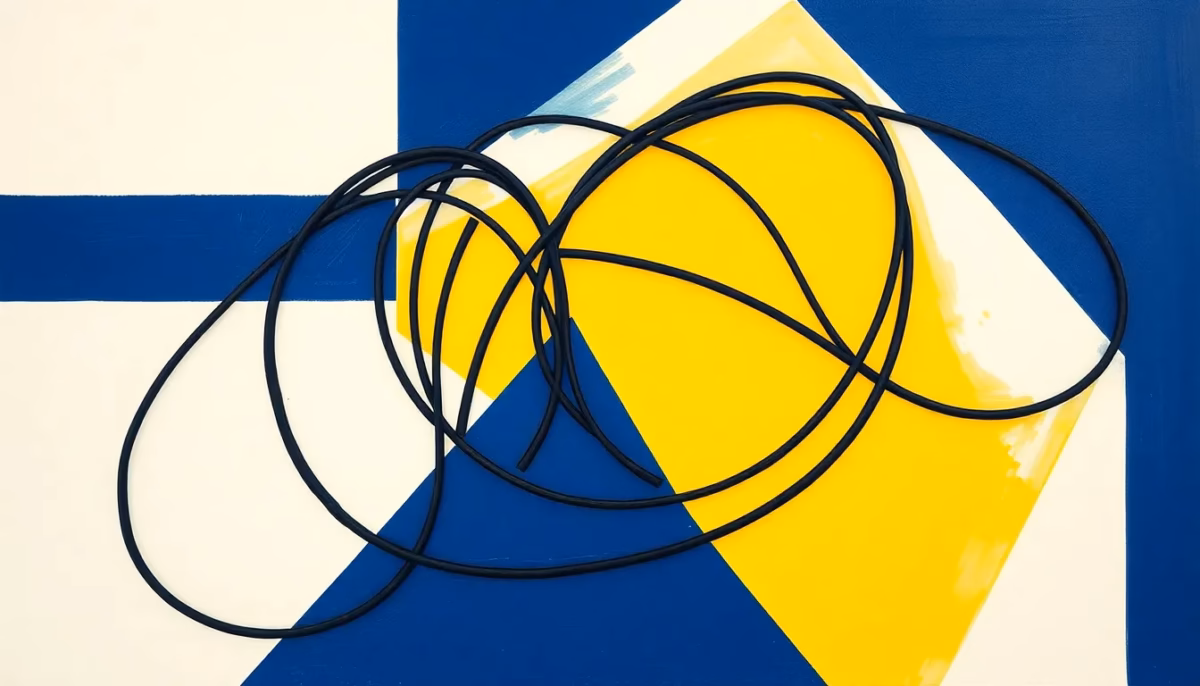 Suprematist abstract painting by Kazimir Malevich featuring a tangle of old electrical cables encased in a protective white conduit. Minimalist composition of bold navy blue and vibrant yellow geometric shapes on a stark white background. Flat textures, sharp edges, avant-garde electrical concept. No humans, no text.