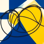 Suprematist abstract painting by Kazimir Malevich featuring a tangle of old electrical cables encased in a protective white conduit. Minimalist composition of bold navy blue and vibrant yellow geometric shapes on a stark white background. Flat textures, sharp edges, avant-garde electrical concept. No humans, no text.