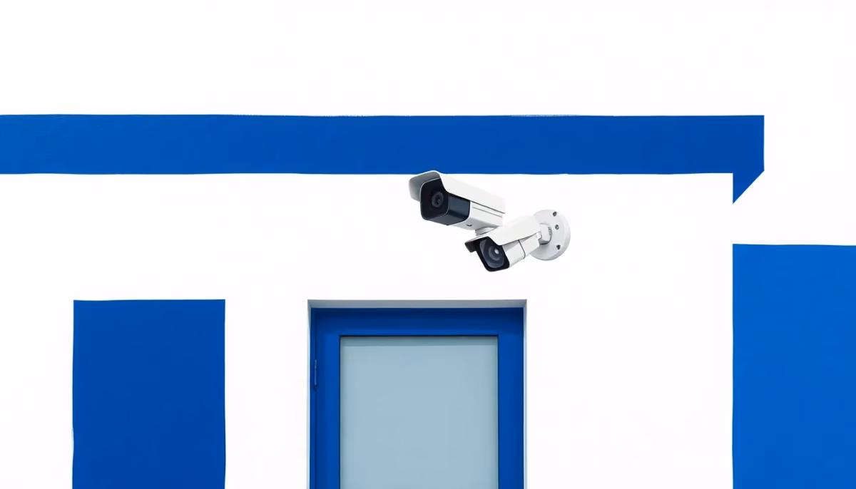 Suprematist abstract painting by Kazimir Malevich featuring a modern outdoor security camera mounted on a house wall. Minimalist composition of bold navy blue and vibrant yellow geometric shapes on a stark white background. Flat textures, sharp edges, avant-garde electrical concept. ##no humans##, ##no text##