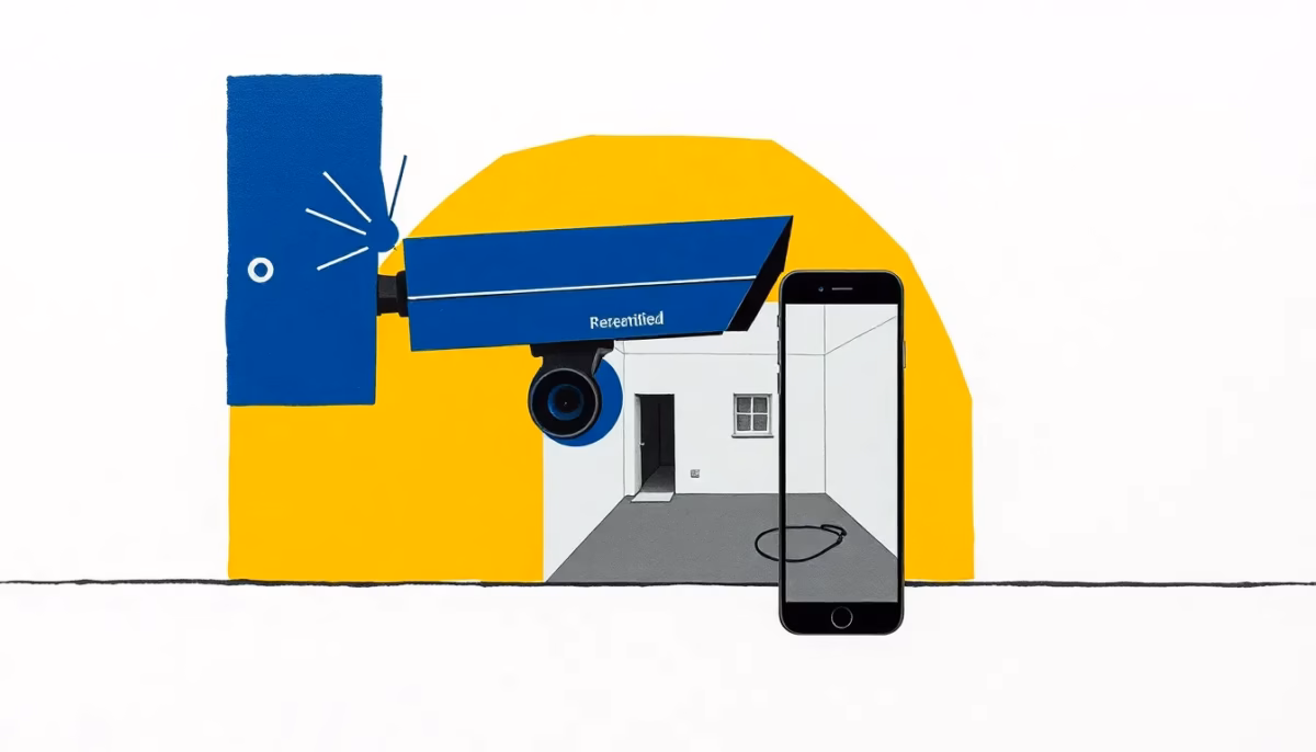 Suprematist abstract painting by Kazimir Malevich featuring a security camera with a radiating signal and a smartphone displaying a live view of a courtyard. Minimalist composition of bold navy blue and vibrant yellow geometric shapes on a stark white background. Flat textures, sharp edges, avant-garde electrical concept. No humans, no text.