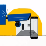 Suprematist abstract painting by Kazimir Malevich featuring a security camera with a radiating signal and a smartphone displaying a live view of a courtyard. Minimalist composition of bold navy blue and vibrant yellow geometric shapes on a stark white background. Flat textures, sharp edges, avant-garde electrical concept. No humans, no text.