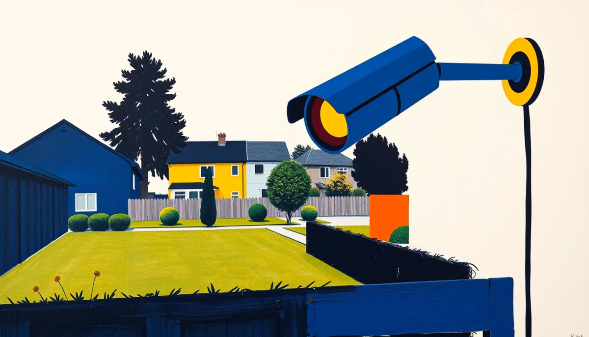Suprematist abstract painting by Kazimir Malevich featuring a modern security camera overlooking a suburban garden. Minimalist composition of bold navy blue and vibrant yellow geometric shapes on a stark white background. Flat textures, sharp edges, avant-garde electrical concept. ##no humans##, ##no text##.