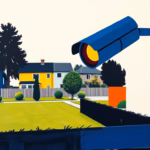 Suprematist abstract painting by Kazimir Malevich featuring a modern security camera overlooking a suburban garden. Minimalist composition of bold navy blue and vibrant yellow geometric shapes on a stark white background. Flat textures, sharp edges, avant-garde electrical concept. ##no humans##, ##no text##.