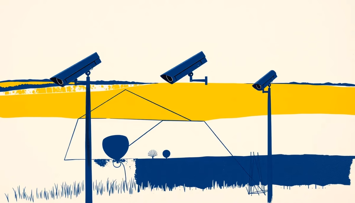 Suprematist abstract painting by Kazimir Malevich featuring three distinct surveillance cameras mounted on geometric poles overlooking a rural Picardy landscape. Minimalist composition of bold navy blue and vibrant yellow geometric shapes on a stark white background. Flat textures, sharp edges, avant-garde electrical concept. ##no humans##, ##no text##.