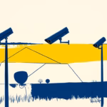 Suprematist abstract painting by Kazimir Malevich featuring three distinct surveillance cameras mounted on geometric poles overlooking a rural Picardy landscape. Minimalist composition of bold navy blue and vibrant yellow geometric shapes on a stark white background. Flat textures, sharp edges, avant-garde electrical concept. ##no humans##, ##no text##.