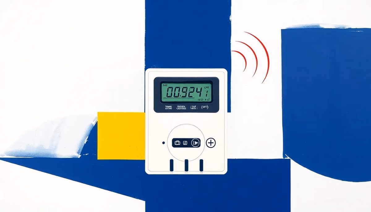 Suprematist abstract painting by Kazimir Malevich featuring a modern electrical meter with digital display and wireless signal waves. Minimalist composition of bold navy blue and vibrant yellow geometric shapes on a stark white background. Flat textures, sharp edges, avant-garde electrical concept. No humans, no text.