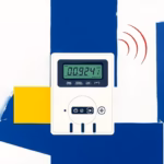 Suprematist abstract painting by Kazimir Malevich featuring a modern electrical meter with digital display and wireless signal waves. Minimalist composition of bold navy blue and vibrant yellow geometric shapes on a stark white background. Flat textures, sharp edges, avant-garde electrical concept. No humans, no text.