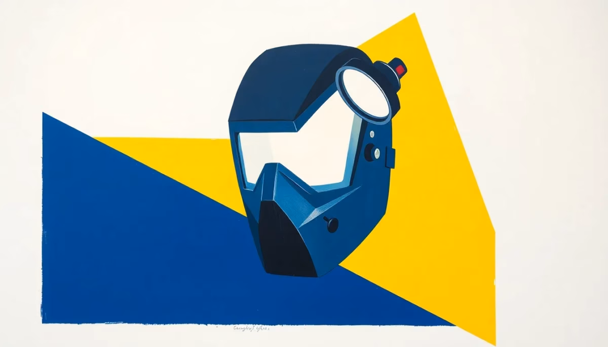 Suprematist abstract painting by Kazimir Malevich featuring a welding mask and a bright work lamp. Minimalist composition of bold navy blue and vibrant yellow geometric shapes on a stark white background. Flat textures, sharp edges, avant-garde electrical concept. ##no humans##, ##no text##.