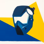 Suprematist abstract painting by Kazimir Malevich featuring a welding mask and a bright work lamp. Minimalist composition of bold navy blue and vibrant yellow geometric shapes on a stark white background. Flat textures, sharp edges, avant-garde electrical concept. ##no humans##, ##no text##.
