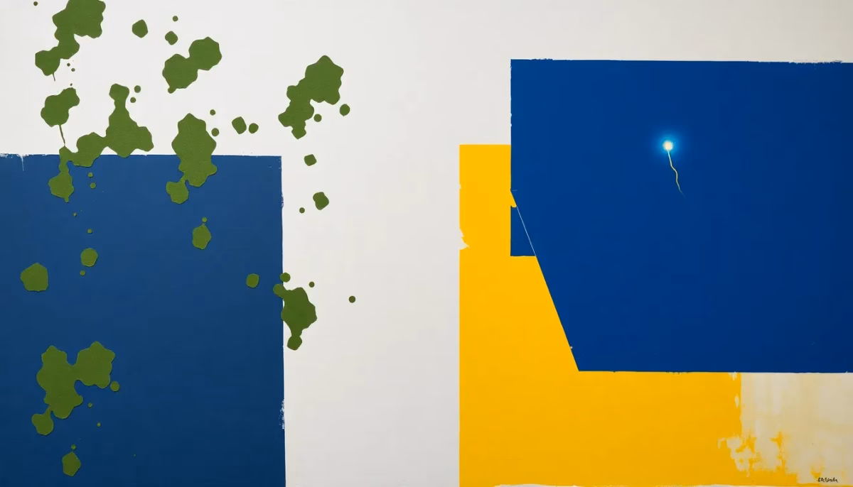 Suprematist abstract painting by Kazimir Malevich featuring a wall with green mold stains and a subtle electric spark. Minimalist composition of bold navy blue and vibrant yellow geometric shapes on a stark white background. Flat textures, sharp edges, avant-garde electrical concept. ##no humans##, ##no text##.