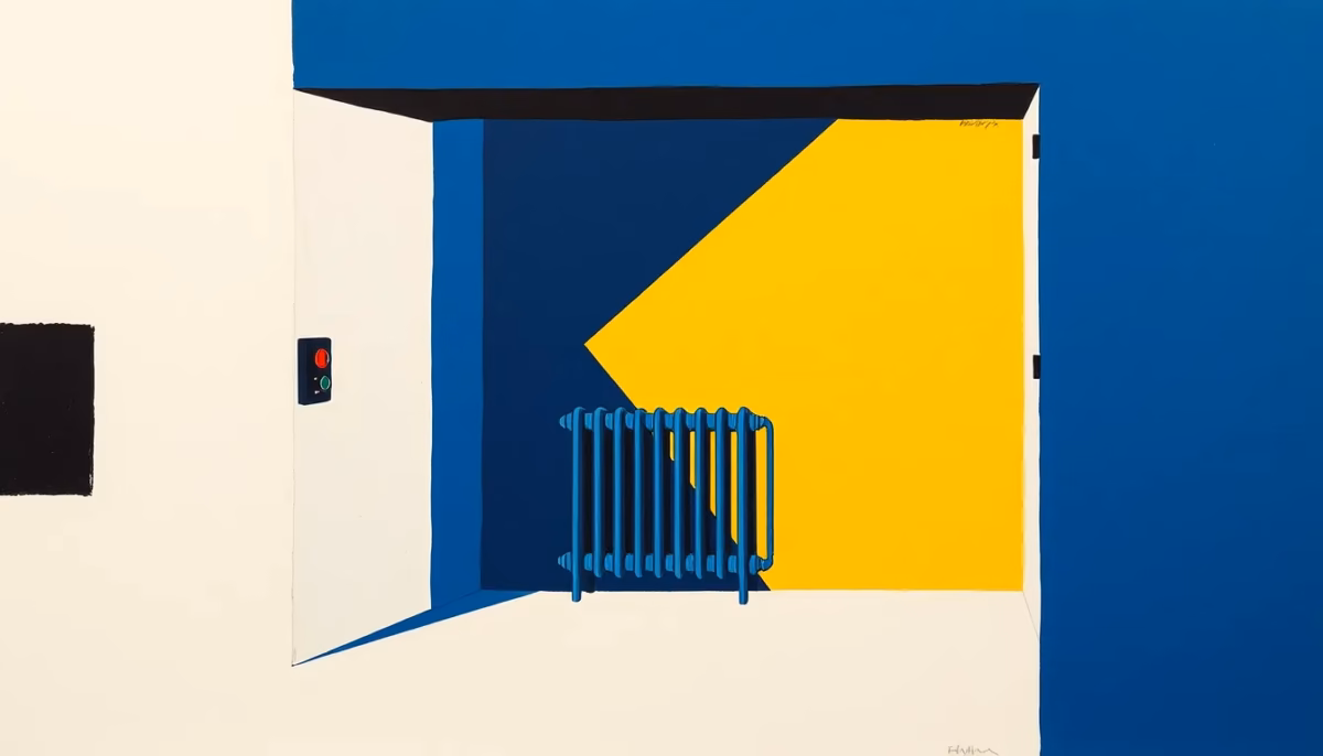 Suprematist abstract painting by Kazimir Malevich featuring a small garage or cellar space with a modern electric radiator and a connected thermostat on the wall. Minimalist composition of bold navy blue and vibrant yellow geometric shapes on a stark white background. Flat textures, sharp edges, avant-garde electrical concept. No humans, no text, no words, no letters, no numbers, no signages.