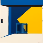 Suprematist abstract painting by Kazimir Malevich featuring a small garage or cellar space with a modern electric radiator and a connected thermostat on the wall. Minimalist composition of bold navy blue and vibrant yellow geometric shapes on a stark white background. Flat textures, sharp edges, avant-garde electrical concept. No humans, no text, no words, no letters, no numbers, no signages.