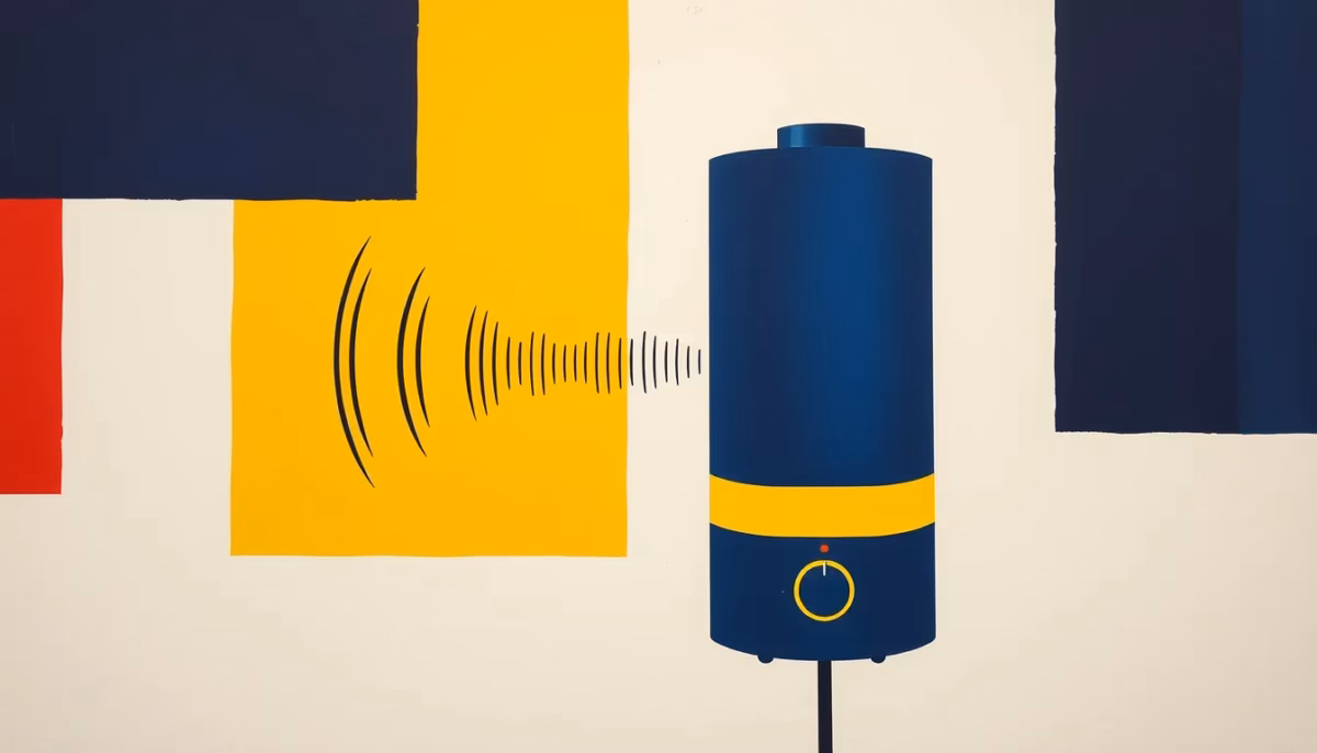 Suprematist abstract painting by Kazimir Malevich featuring a water heater with sound waves. Minimalist composition of bold navy blue and vibrant yellow geometric shapes on a stark white background. Flat textures, sharp edges, avant-garde electrical concept. No humans, no text.