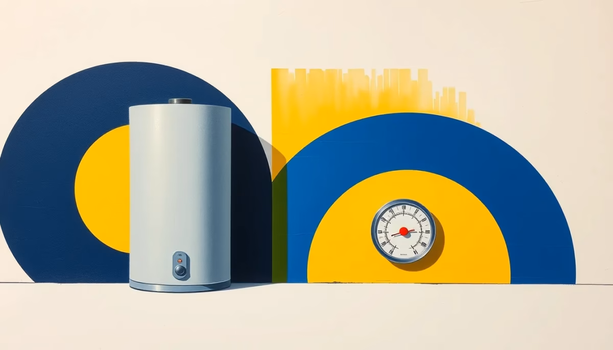 Suprematist abstract painting by Kazimir Malevich featuring a water heater cylinder and a thermometer. Minimalist composition of bold navy blue and vibrant yellow geometric shapes on a stark white background. Flat textures, sharp edges, avant-garde electrical concept. No humans, no text.