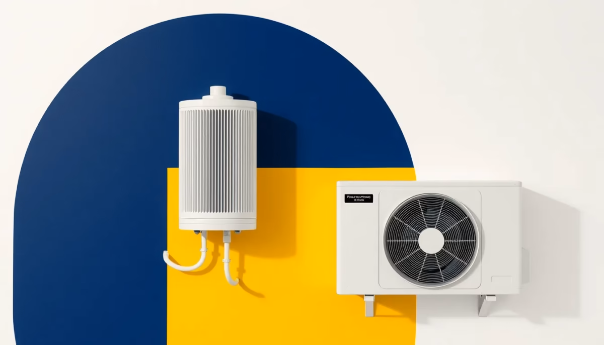 Suprematist abstract painting by Kazimir Malevich featuring a modern cylindrical water heater with a heat pump unit. Minimalist composition of bold navy blue and vibrant yellow geometric shapes on a stark white background. Flat textures, sharp edges, avant-garde electrical concept. No humans, no text.