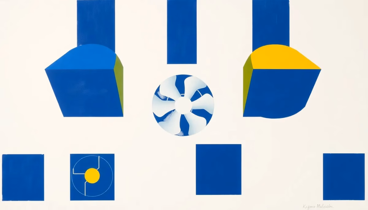 Suprematist abstract painting by Kazimir Malevich featuring a bathroom ventilation fan and air ducts, with a green anti-backdraft valve (clapet anti-retour) prominently integrated. Minimalist composition of bold navy blue and vibrant yellow geometric shapes on a stark white background. Flat textures, sharp edges, avant-garde electrical concept, focus on the ventilation system. No humans, no text.